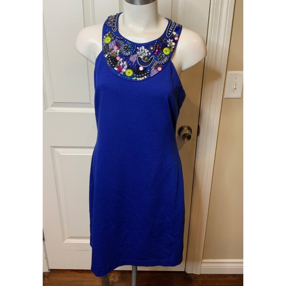 Trina Turk Royal Blue Sleeveless Bejeweled Beaded Halter Dress, Size 6